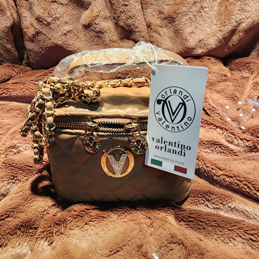Valentino Orlandi Tan and Gold Mini Bag with Chain Strap Small VANITY BAG 110